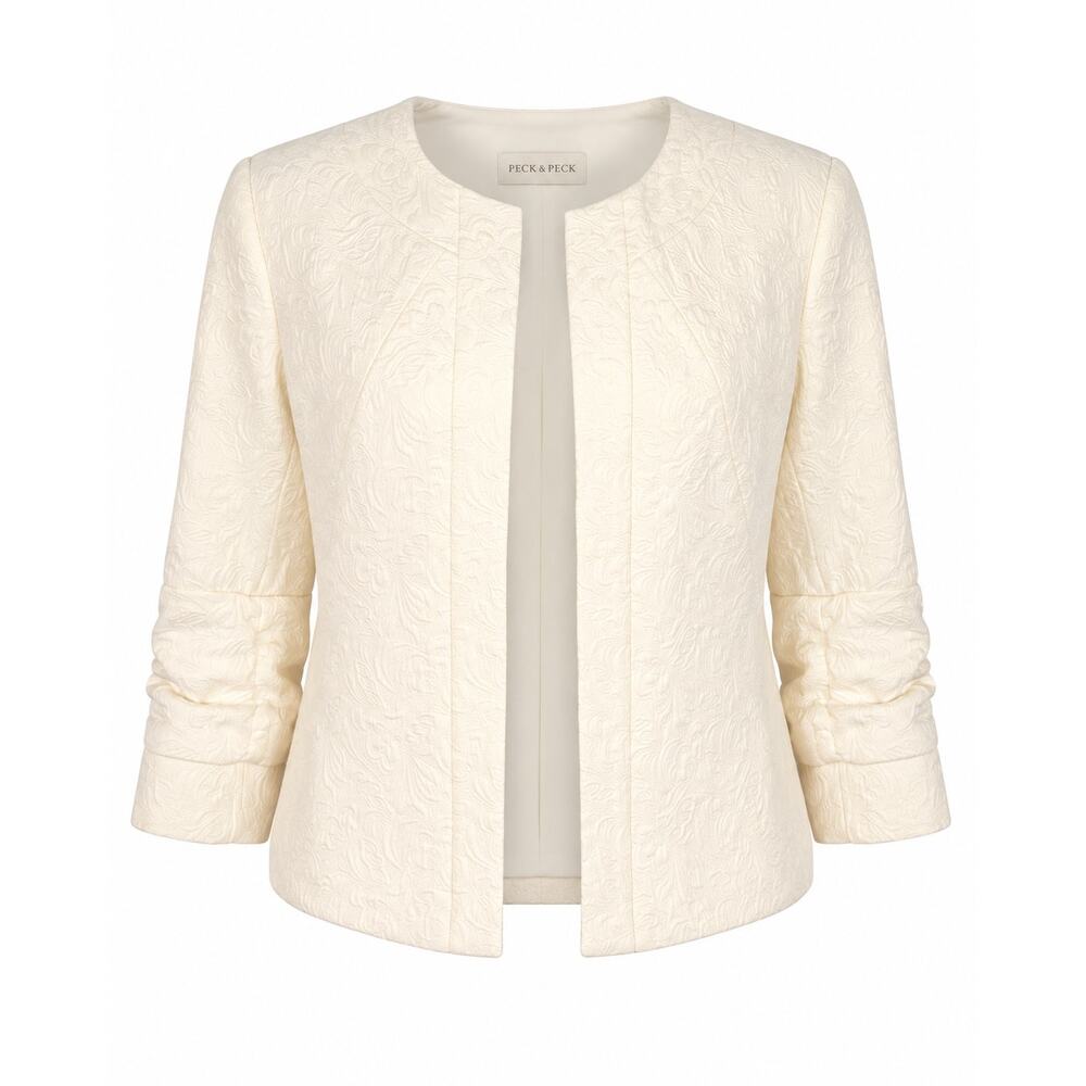 Peck & Peck Ivory Textured Jacket Open Front Cropped Blazer 3/4 Sleeve Classic - Picture 1 of 8